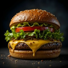 "Traditional Cheeseburger with Fresh Veggies and Sesame Seed Bun"

