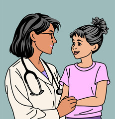 Doctor woman in a white coat is talking to a young girl. The girl is wearing a pink shirt. Colored hand drawn sketch style outline illustration isolated.
