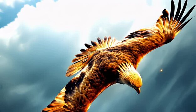 A stunning digital painting of a golden eagle in mid-flight, showcasing its powerful wings and majestic presence against a cloudy sky.