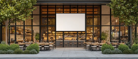 A modern restaurant exterior with outdoor seating and bar inside