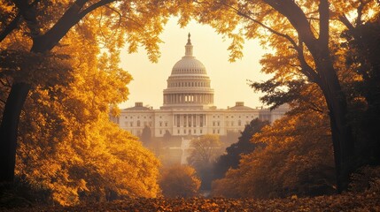 Obraz premium Autumn sunset view of the u.S. Capitol washington d.C. Landscape photography serene environment