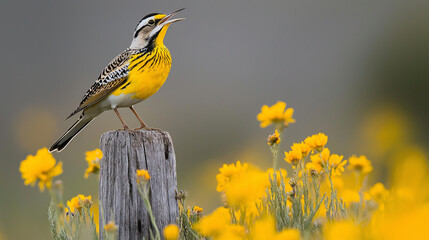 meadowlark Bird standing on a wood in a form with flowers.