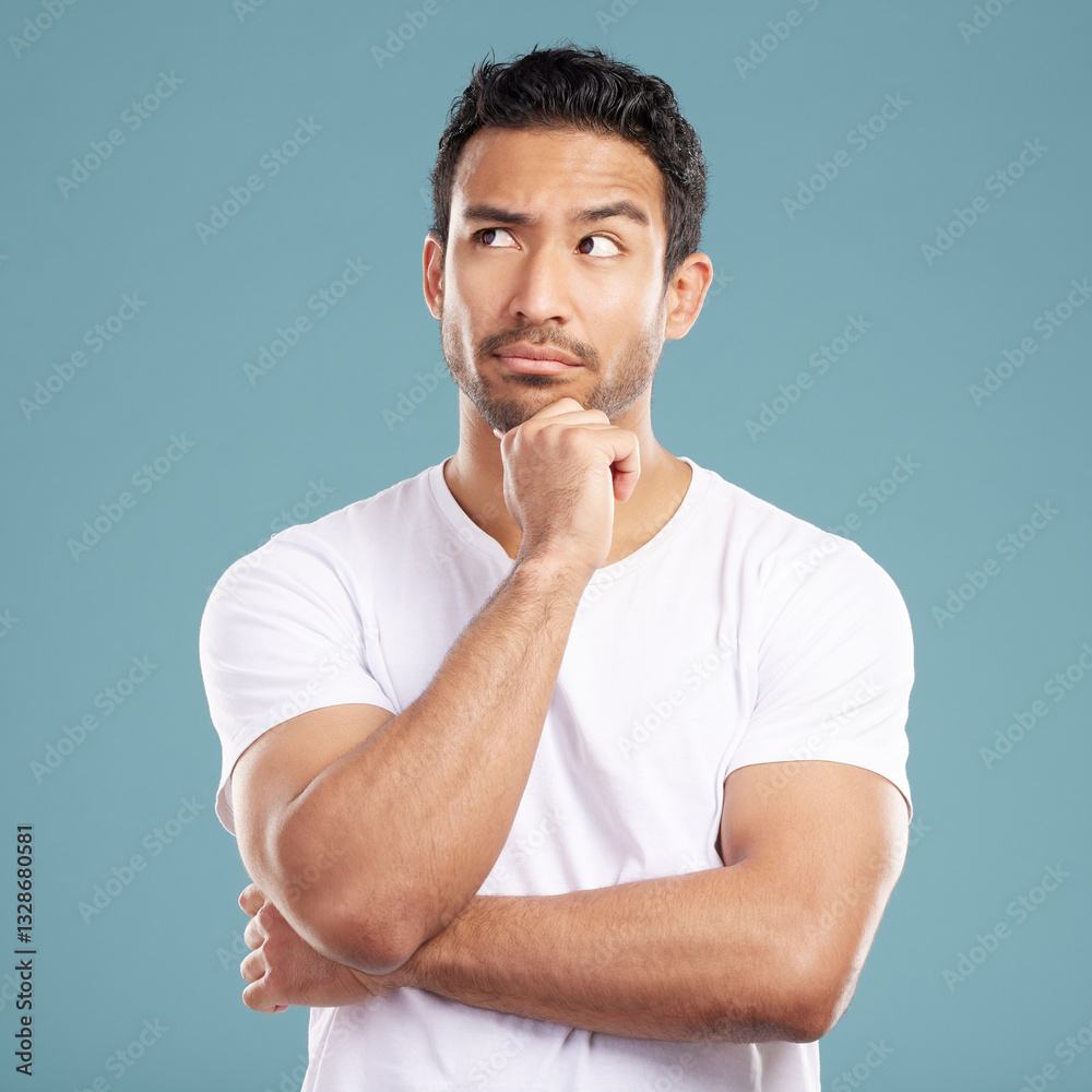 Aufkleber man, thinking and idea in studio for decision, planning and problem solving on blue background. stud