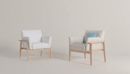 Elegant modern armchairs with light wooden frames and soft cushions in a minimalistic setting