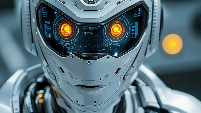 Futuristic Robot Portrait: A close-up shot of a sleek, advanced robot with illuminated eyes and intricate mechanical details, exuding an air of artificial intelligence and technological marvel.