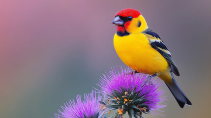 Fototapeta premium bird with red face and yellow body sitting on a cactus 
