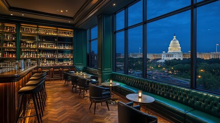 Elegant evening cocktail lounge washington d.C. Interior photography urban nightlife panoramic view sophistication