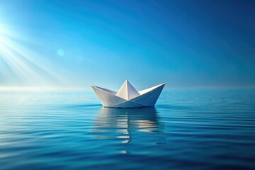 Obraz premium Handmade paper ship, a blue ocean scene; kids' craft, peaceful and simple origami.
