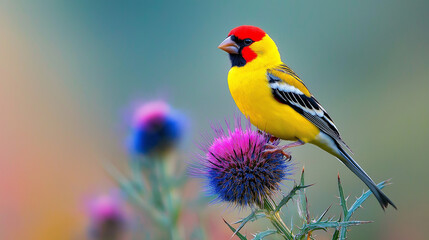 Obraz premium bird with red face and yellow body sitting on a cactus 