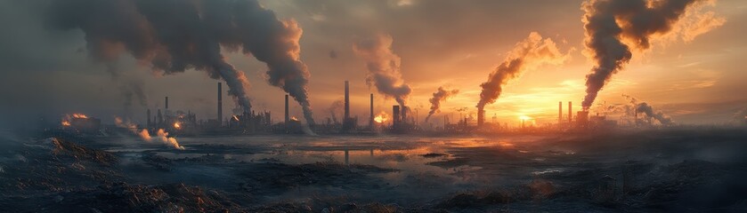 Obraz premium Industrial Landscape at Sunset with Smokestacks Emitting Smoke Against a Dramatic Sky