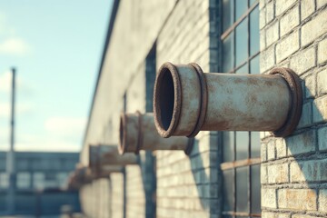 Rusty industrial pipes protruding from a weathered brick wall in an urban landscape