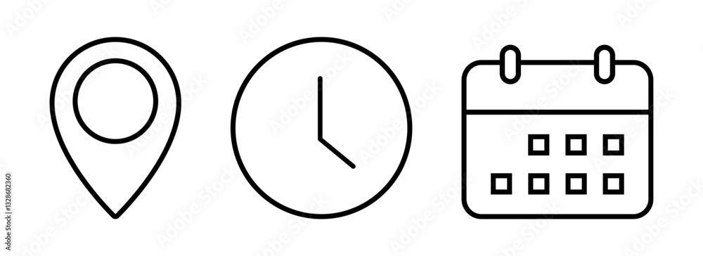 Poster time, date, and address linear icon. set of event calendar reminder clock business schedule signs, l
