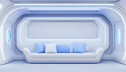 Futuristic lounge with white sofa and blue pillows in a sleek, white, curved room with blue neon lighting