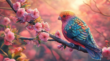 colourfull bird sitting on a branch with blossoms background.