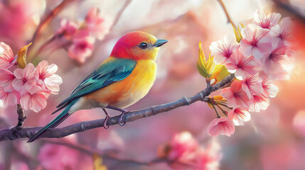 colourfull bird sitting on a branch with blossoms background.