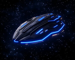 Futuristic spaceship, sleek dark design, neon blue accents, floating in space