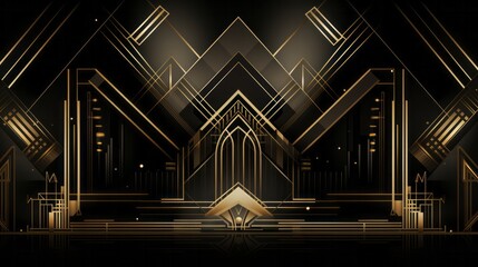 Gatsby Art deco 20s style animated pattern. Gold modern early 20th century ornament builds up and appears on black background. Geometric elegant abstract with glamorous shiny lines with flare