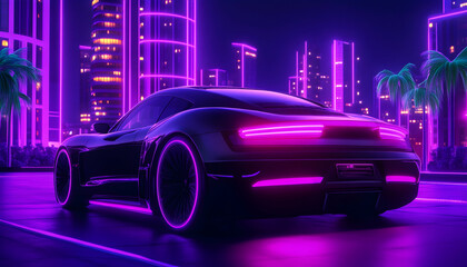 Futuristic sports car in vibrant neon city at night