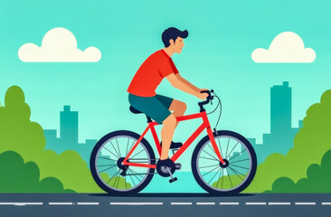 Naklejka premium colorful illustration dedicated to World Bicycle Day. A cyclist rides through a mountainous area demonstrating a healthy lifestyle