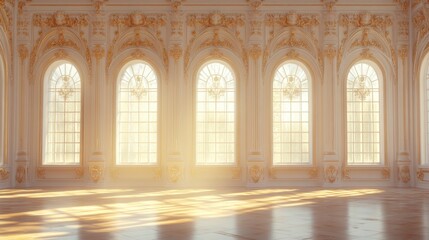 Fototapeta premium Sunlit grand ballroom with ornate white walls, gold detailing, and arched windows. Soft, warm light streams through the windows, illuminating the polished floor.