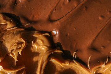 Close-up of creamy peanut butter and glossy chocolate spread swirled together. The rich textures and warm tones highlight the smooth and indulgent quality of these delicious spreads