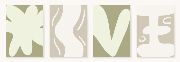 Set of abstract foliage poster vector. Leaves, flower, organic shapes, earth tone colors, leaf branch. Illustration design for Eco packaging, interior, cover, wall art, wallpaper.