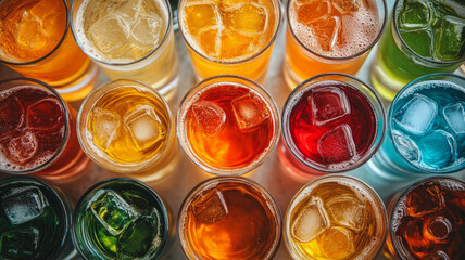 Colorful assorted drinks with ice cubes in glasses, top view.
