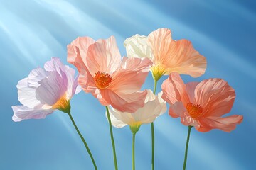 Fototapeta premium Pastel Poppy Flowers Blooming Against Blue Sky with Sunlight Rays