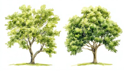 Obraz premium Set of watercolor green tree isolated on white background for landscape and architecture drawing, elements for environment and garden, botanical for section in spring