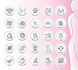 Woman vaginal care set icons. The outline icons are well scalable and editable. Contrasting elements are good for different backgrounds. EPS10.