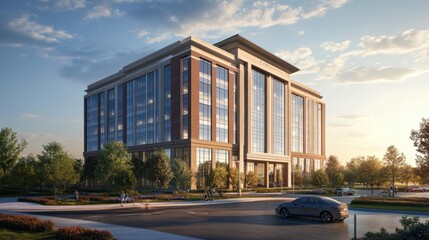 Obraz premium An office building at sunrise, with the golden light shining on its modern facade