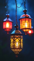 Decorative lanterns hanging from chains with lit candles inside them