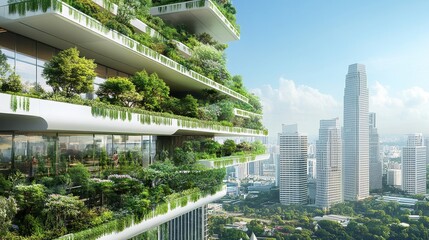 Obraz premium An office building with a cascading green terrace design for sustainability