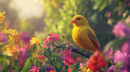  canaria bird on a branch with flowers background.