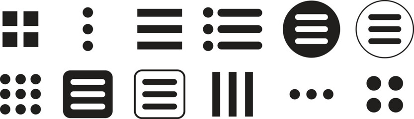 Hamburger web and mobile app menu flat icons set. Vectors buttons for website UI navigation. App menu for home or drop list and application drawer in mobile apps isolated on transparent background.