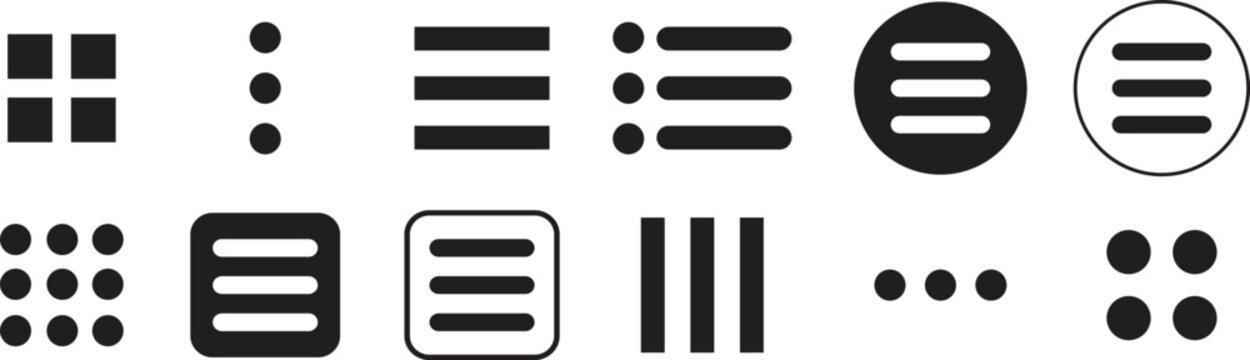 Hamburger web and mobile app menu flat icons set. Vectors buttons for website UI navigation. App menu for home or drop list and application drawer in mobile apps isolated on transparent background.