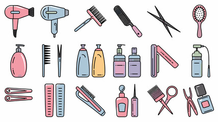 Hair Salon Vector Icon Set: Stylized Tools, Brushes, Scissors, and Haircare Products for Professional Hairdressing and Beauty Design Projects