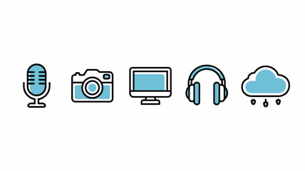 Vector Icon Set for Multimedia, Including Microphone, Camera, Computer, Headphones, and Cloud. Perfect for Web Design and Creative Projects.