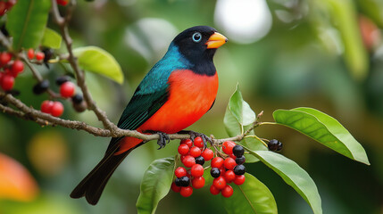 Obraz premium black and red bird sitting on a coffee tree branch 