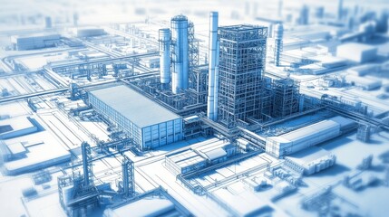 A blueprint of an industrial factory layout, showing assembly lines, workstations, and safety zones