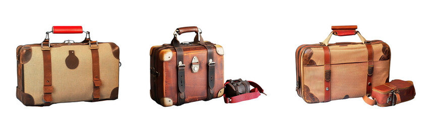 vintage luggage set, antique suitcases on transparent background
