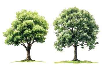 Set of watercolor green tree isolated on white background for landscape and architecture drawing, elements for environment and garden, botanical for section in spring