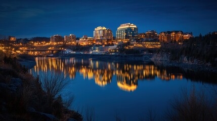 Naklejka premium A breathtaking night cityscape with illuminated skyscrapers reflecting off the calm river below
