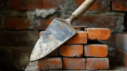 A bricklayers trowel resting on a stack of bricks at a house construction site