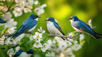 Fototapeta premium group of swallow birds on a flowers branch