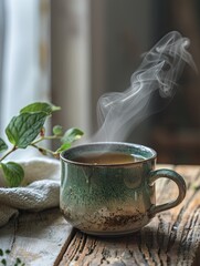 Steaming herbal tea in rustic ceramic mug on wooden surface, soft light