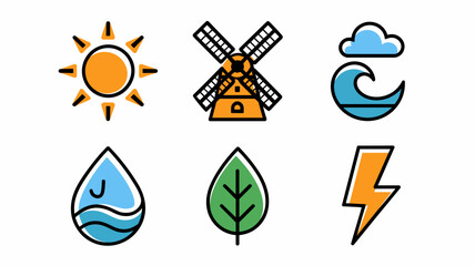 Vector Icon Set of Weather Symbols: Sun, Windmill, Waves, Clouds, Water Drop, Leaf, Lightning for Design Projects and Environmental Themes