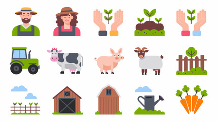 Fototapeta premium Vector Icon Set for Agriculture, Farming, and Gardening with Tractor, Animals, Plants, and Tools for Sustainable Lifestyle and Eco-Friendly Design