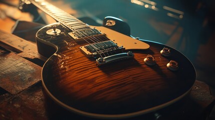 Fototapeta premium A beautiful electric guitar sits on a wooden surface