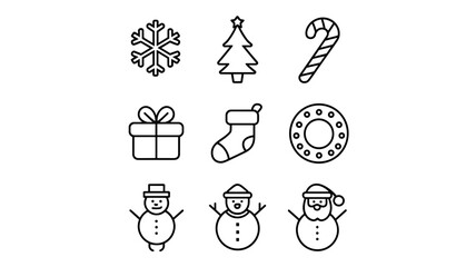 Christmas Vector Icon Set: Snowflakes, Christmas Trees, Candy Canes, Gifts, Stockings, Donuts, Snowmen, and Santa for Holiday Decorations